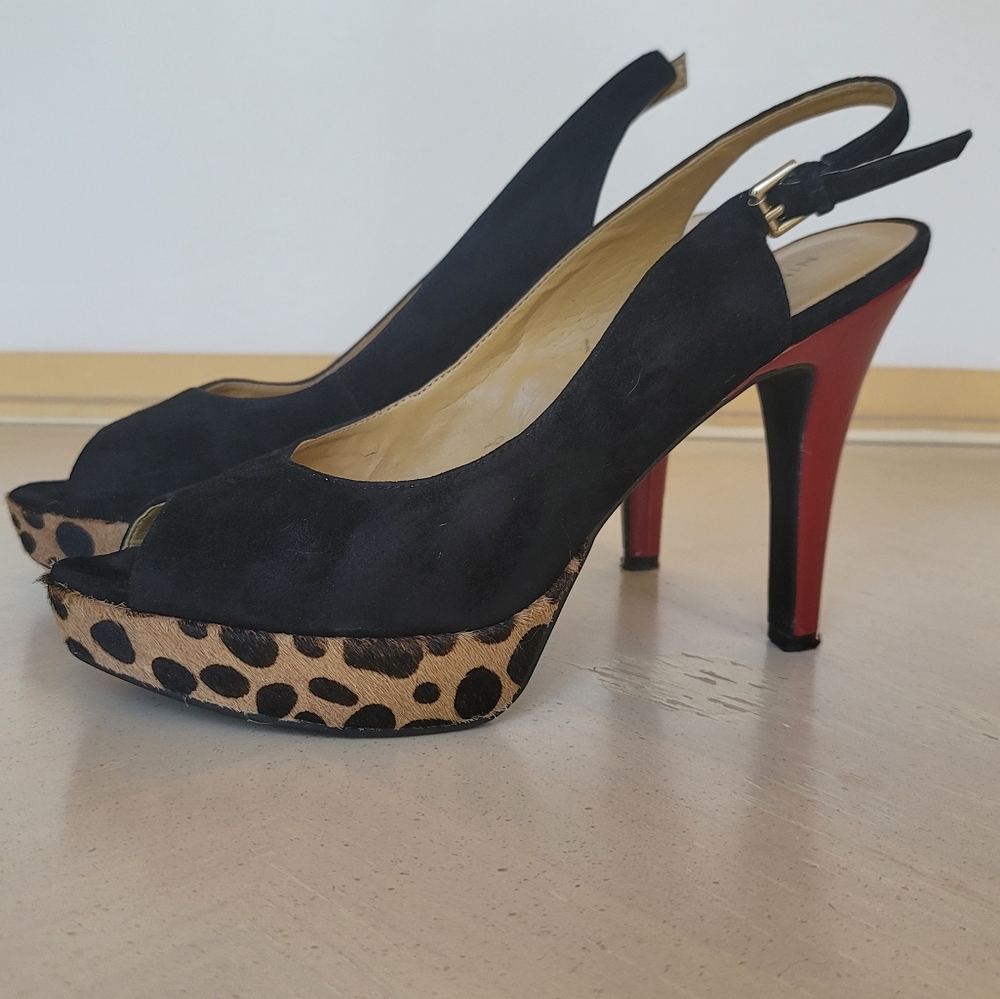 Nine West Black and Red Suede Slingback Heels